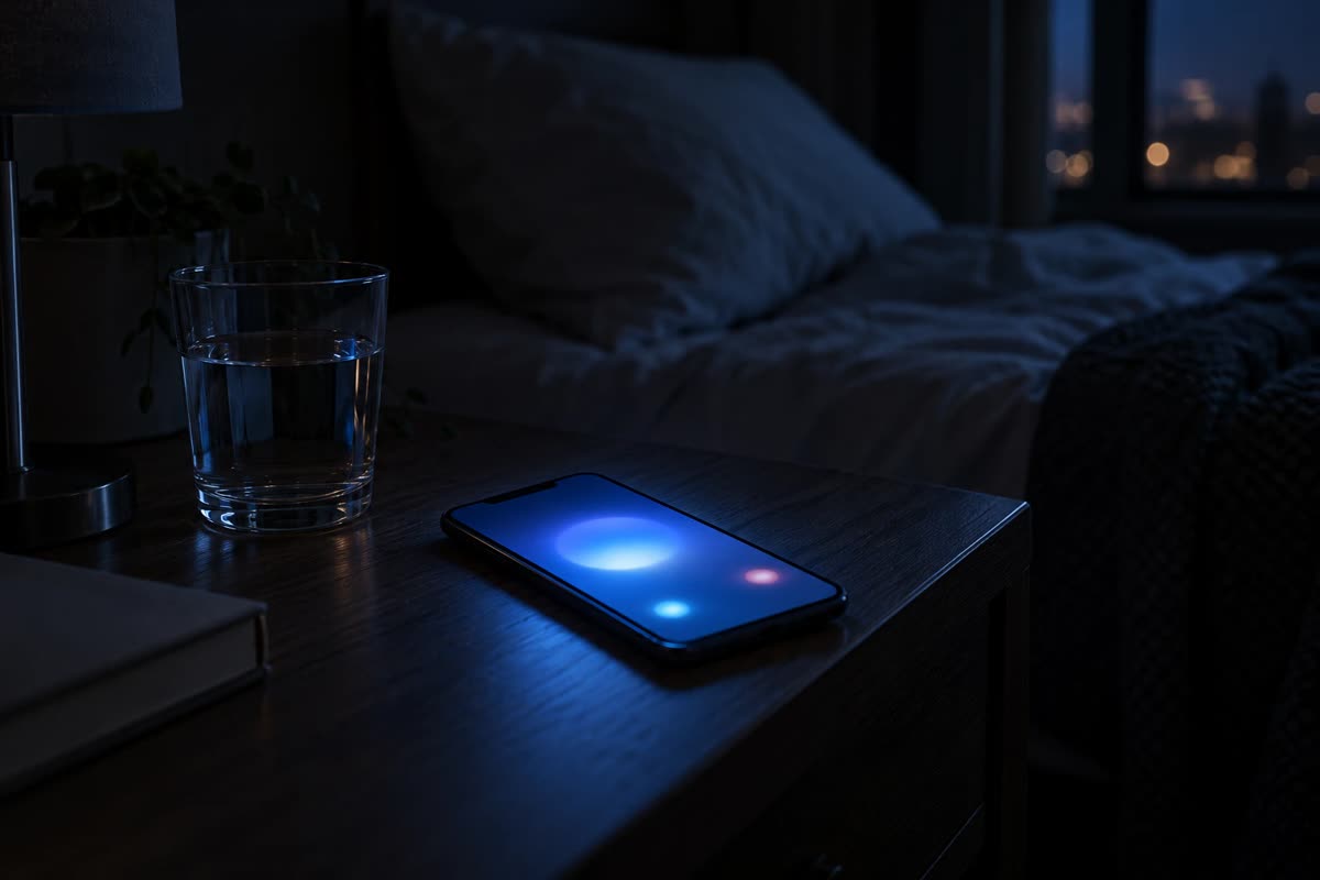 Smartphone lighting up on a nightstand in a dark bedroom at 2 a.m.