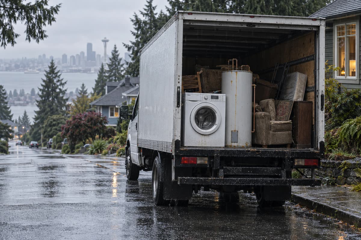 Junk removal truck loaded with an old washer and water heater on a rainy Seattle street