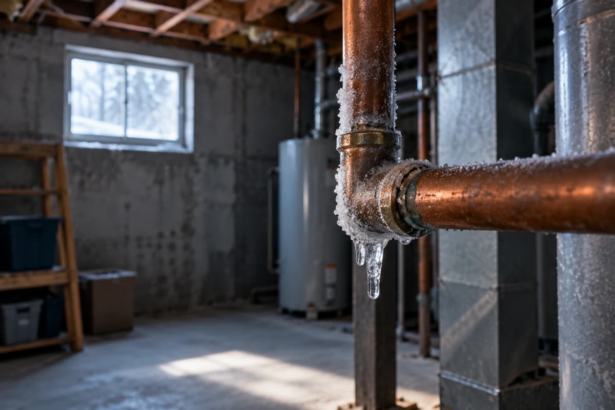 Frosted copper pipe with ice forming in a cold basement